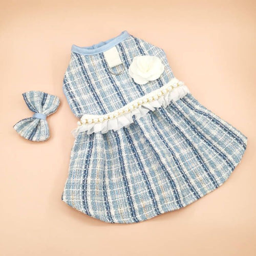 Vestido tweed azul con collar de perlas para gata