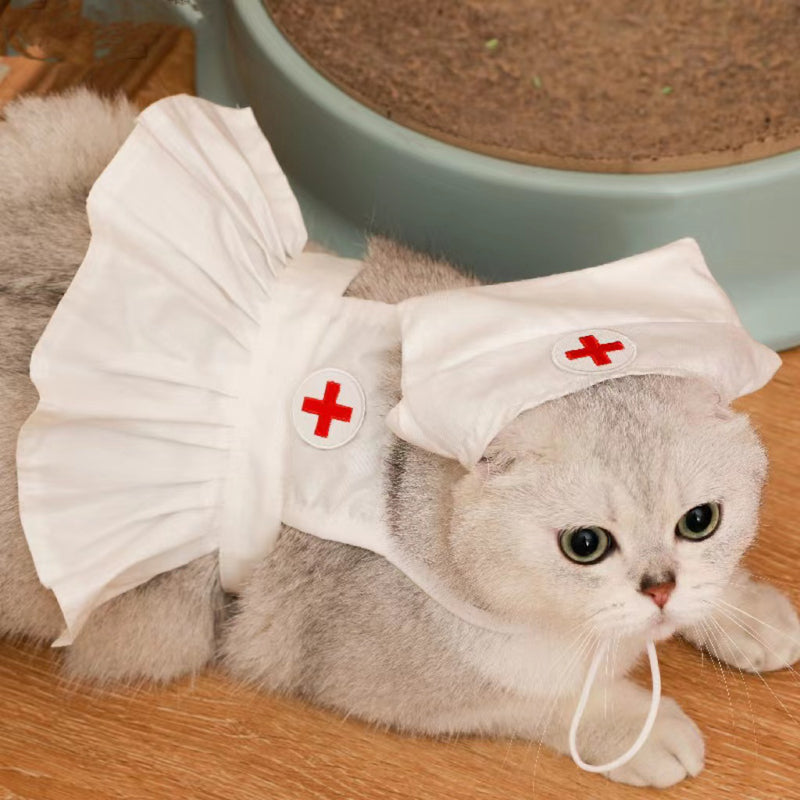 Gato con disfraz de enfermera blanco con cruz roja