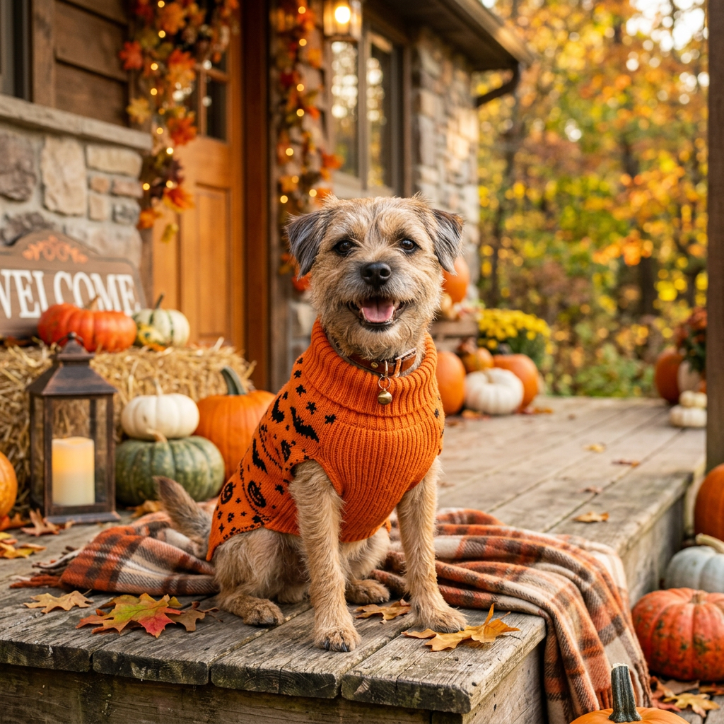 Jersey Halloween naranja para perro con decoración de calabazas