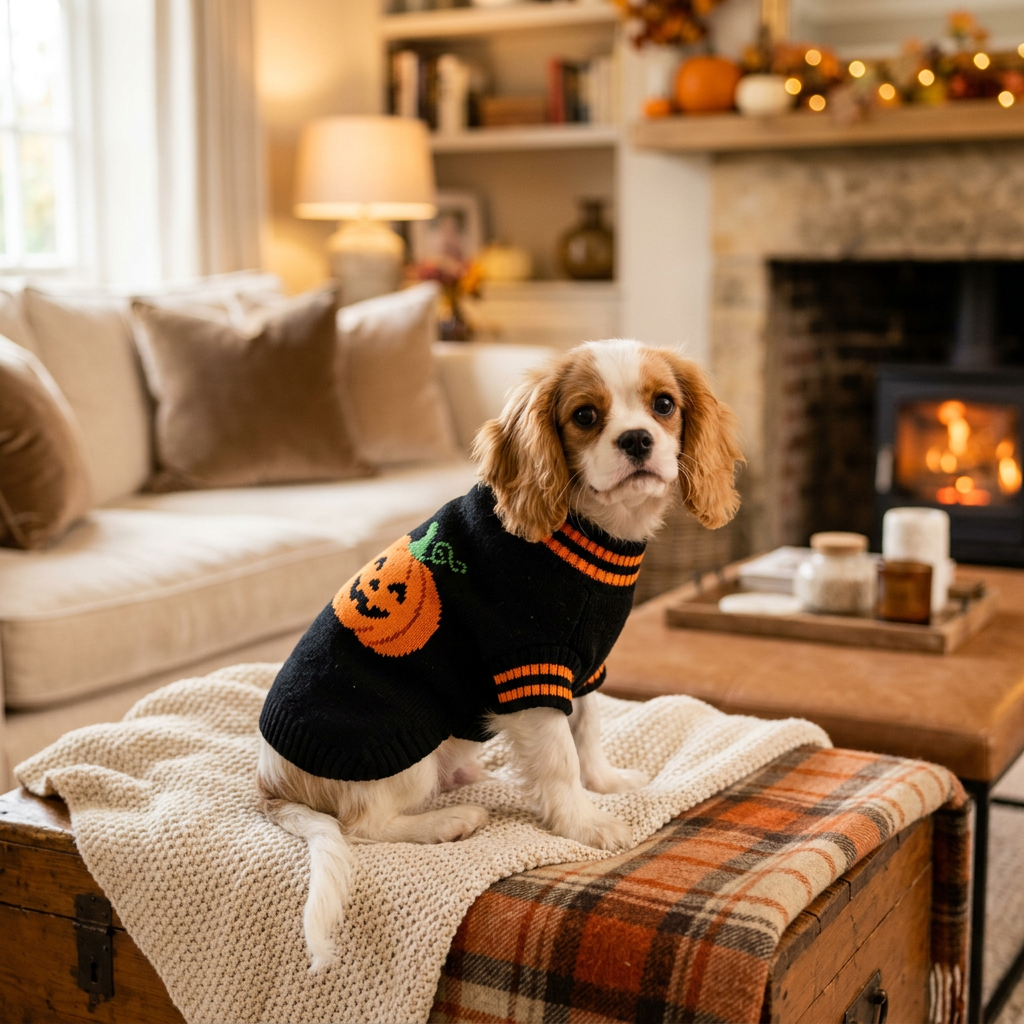 Jersey Halloween jacquard calabaza para perro en salón de lujo