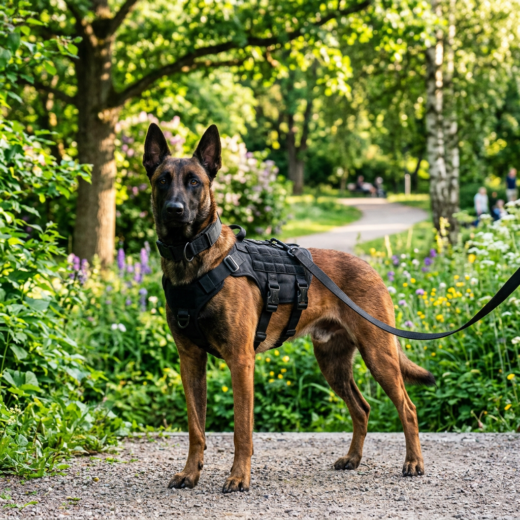 Malinois con kit táctico negro en parque verde