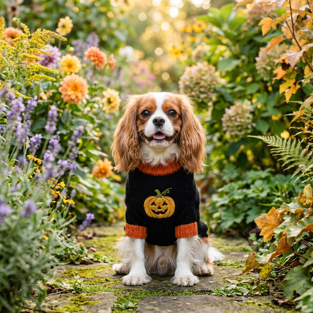Jersey Halloween bordado negro para perro en jardín verde