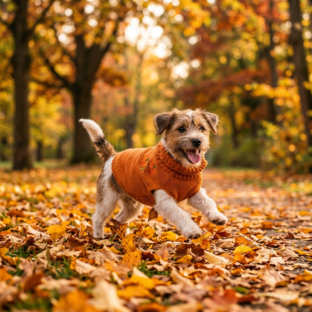 Jersey Halloween naranja calabaza para perro en parque otoñal