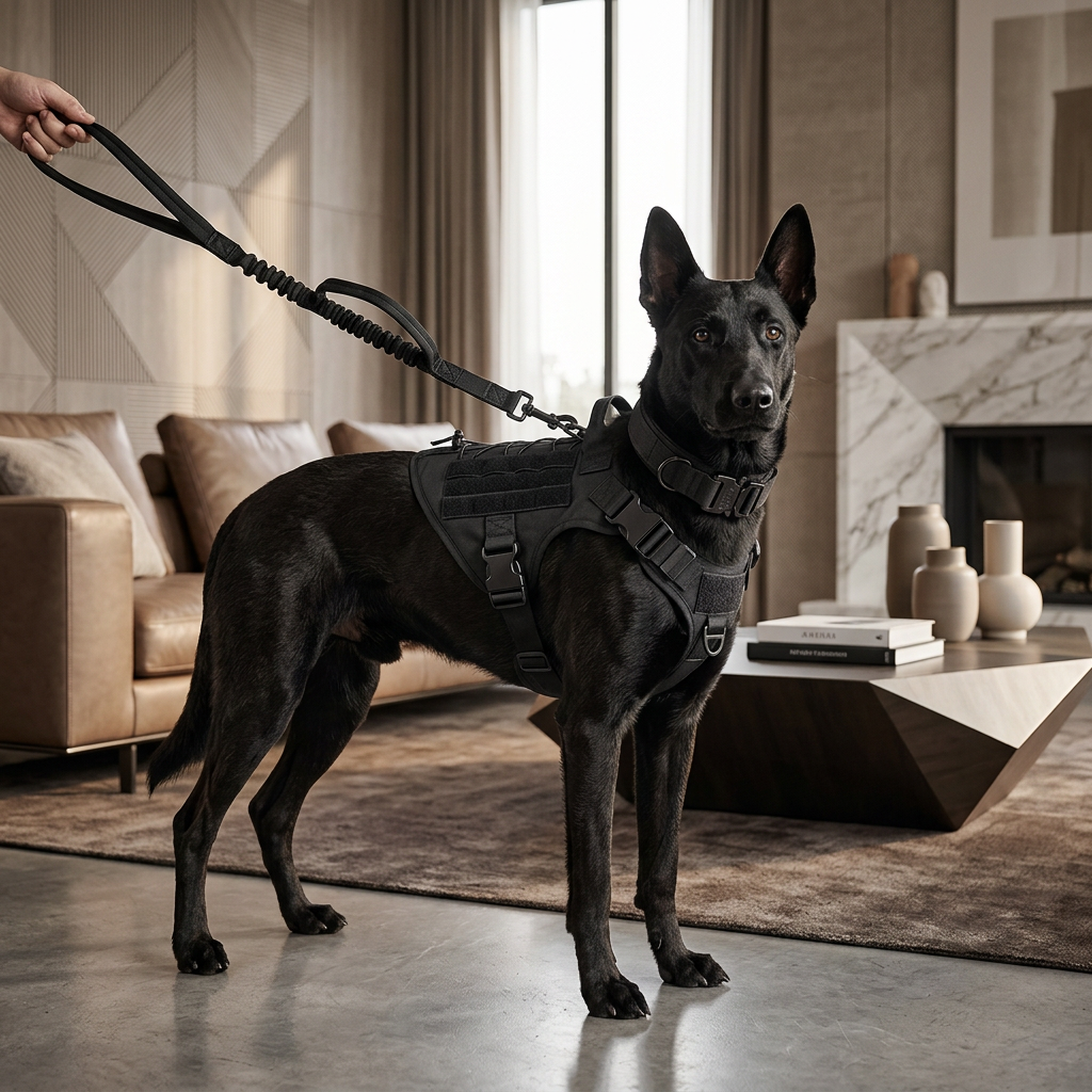 Kit táctico negro perro en salón de lujo
