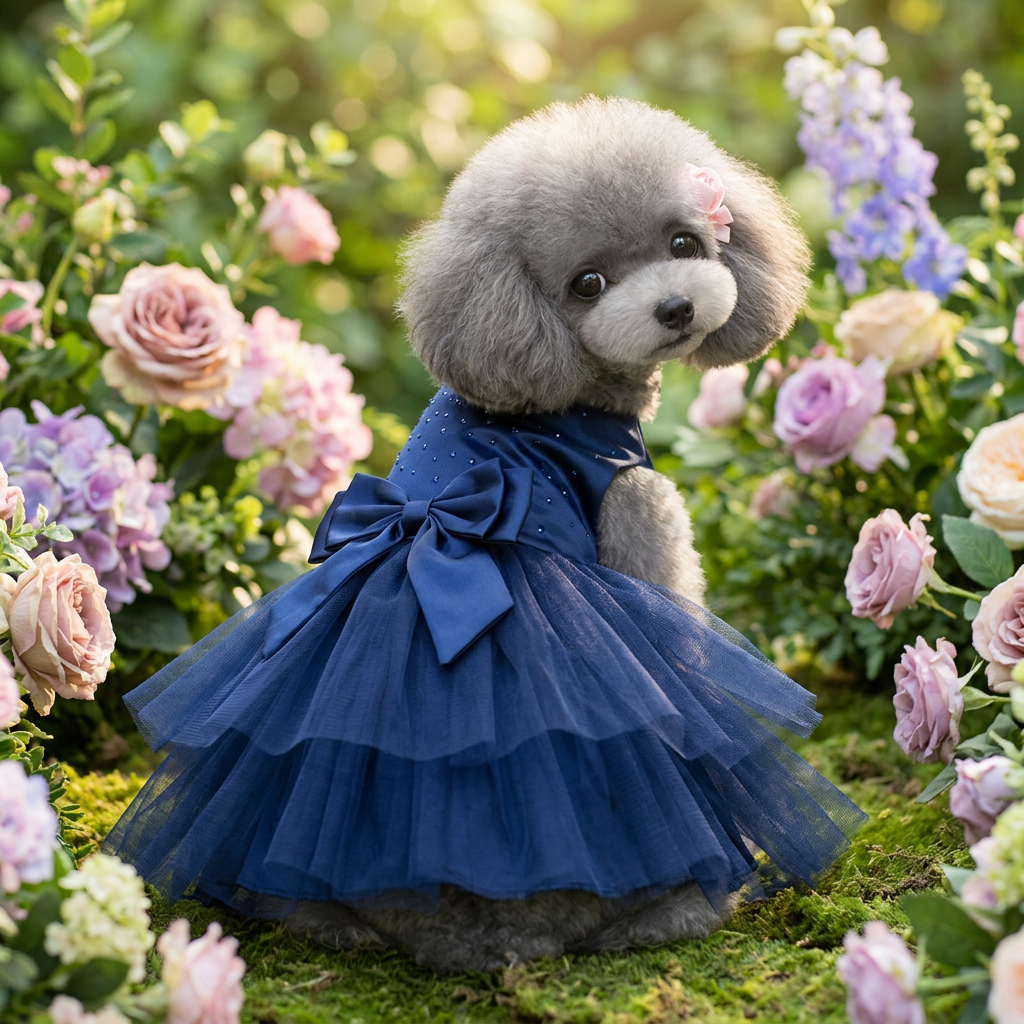 Perrita con vestido azul princesa en jardín verde