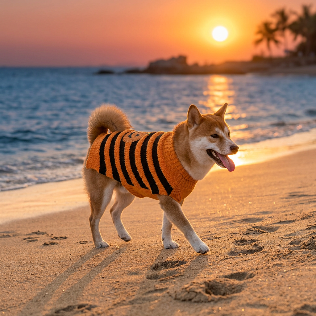 Shiba Inu con jersey Halloween en playa al atardecer