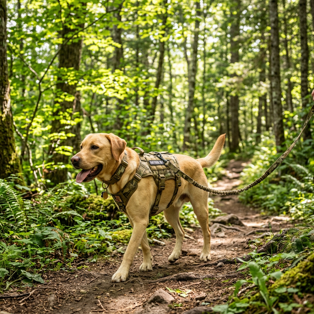 Labrador con kit táctico camuflaje en bosque