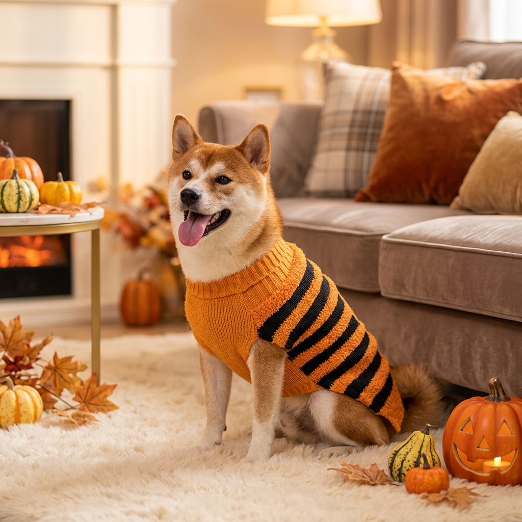 Shiba Inu con jersey Halloween en salón de lujo