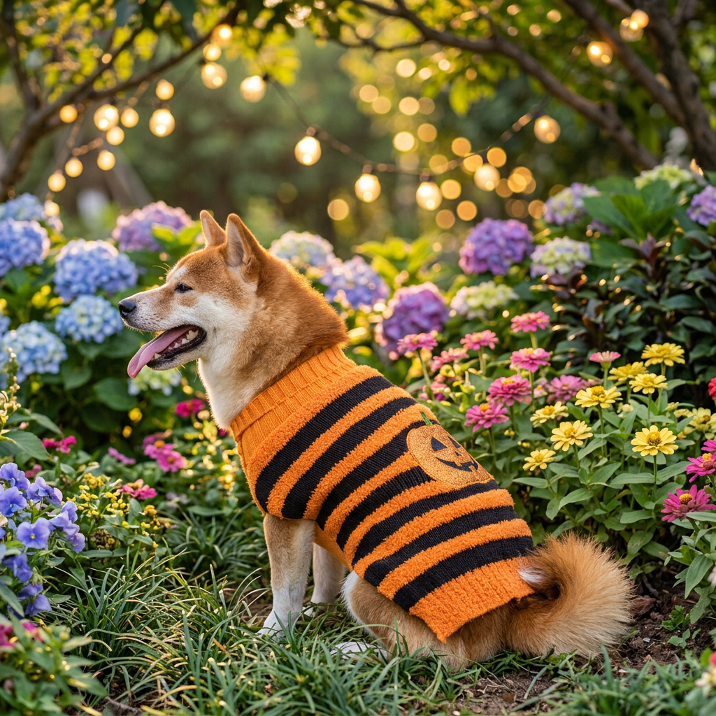Shiba Inu con jersey Halloween en jardín verde
